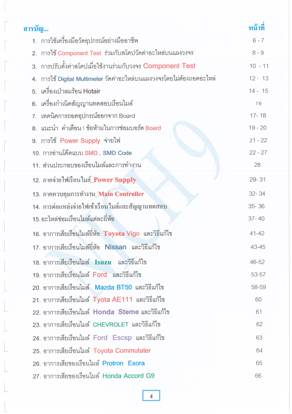 สารบัญต้นฉบับ คู่มือซ่อมเรือนไมล์รถยนต์ Combination Meter เล่มที่ 2
